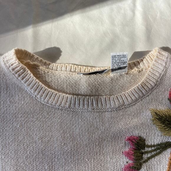 Vtg 80s 90s Pink White Floral Embroidered Knit Pullover Sz L Cottagecore - Picture 4 of 7